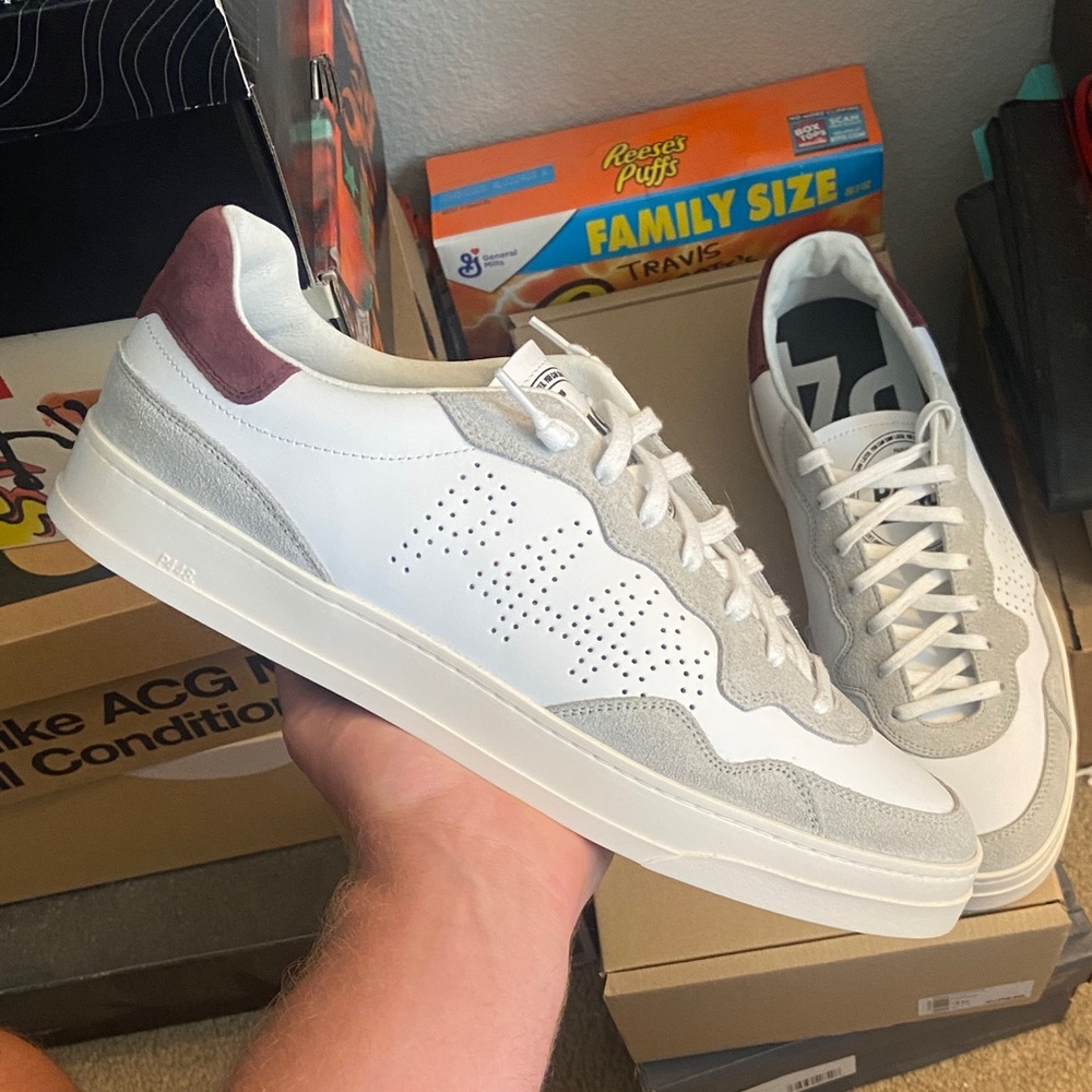 P448 White Leather Sneakers with Gray Suede and Burgundy Heel